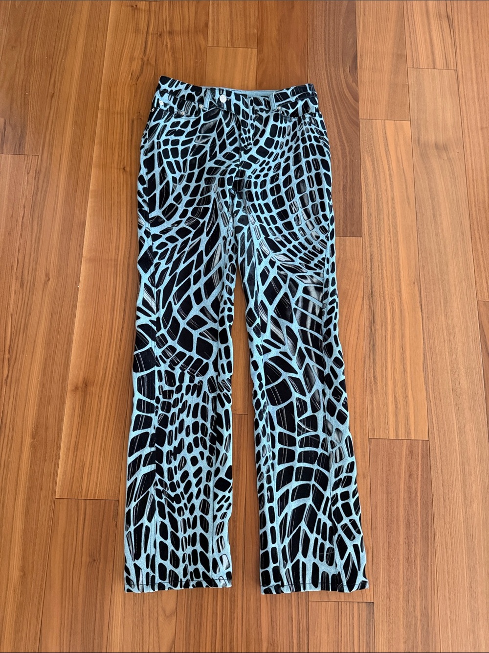 Mugler Black and Light Blue Abstract Grid Trousers